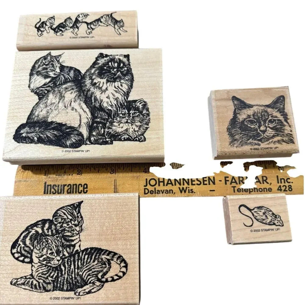 Stampin' Up Fancy Felines Rubber Stamp Set of 5 NO YARN STAMP Wood Mounted